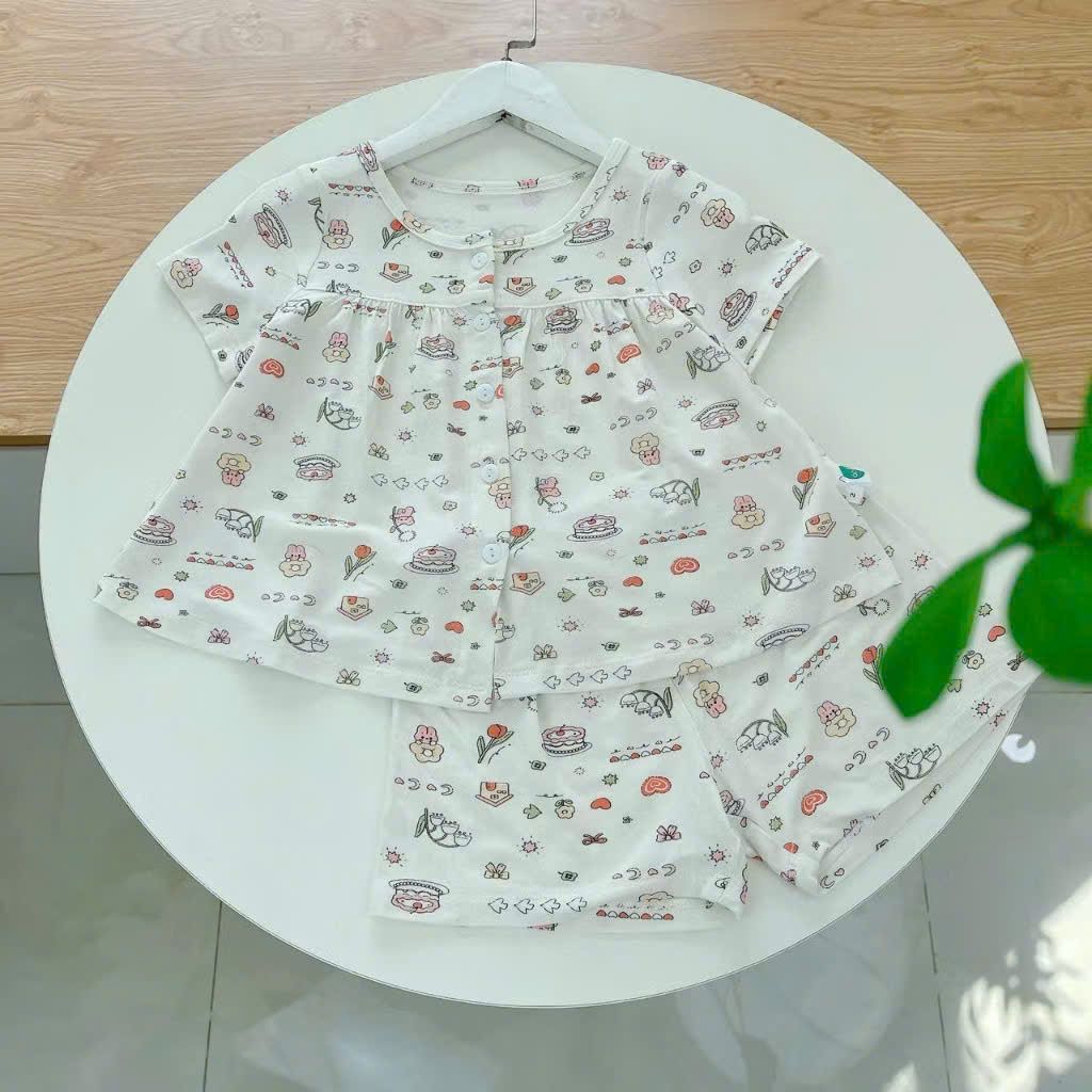  Bộ ngủ bé gái thun lụa mềm mát Áo Lá Homewear A210, đồ ngủ tay ngắn quần dài bé gái 