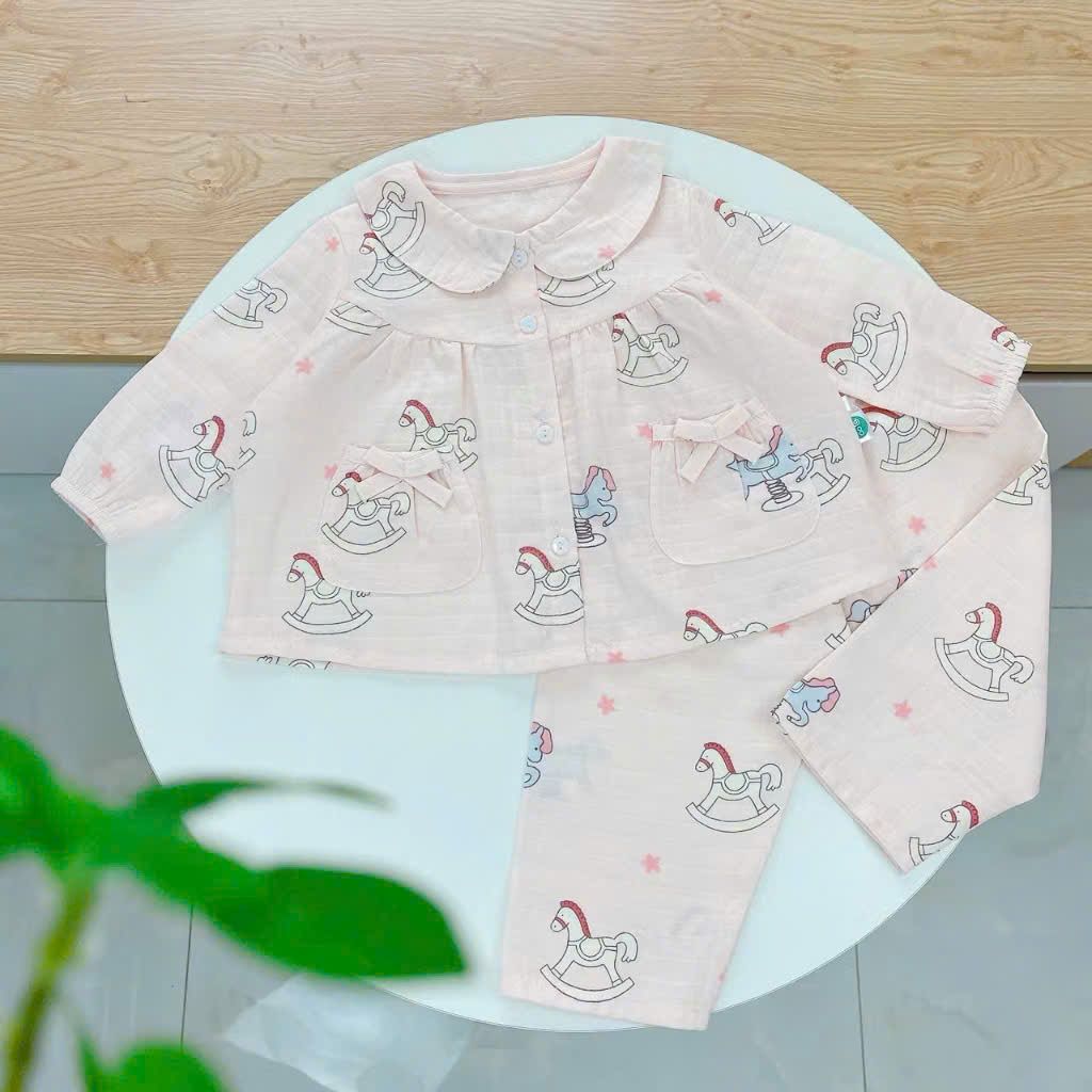  Pizama bé gái xô cotton Áo Lá Homewear A202, đồ dài tay bé gái babydoll mặc ngủ bốn mùa 