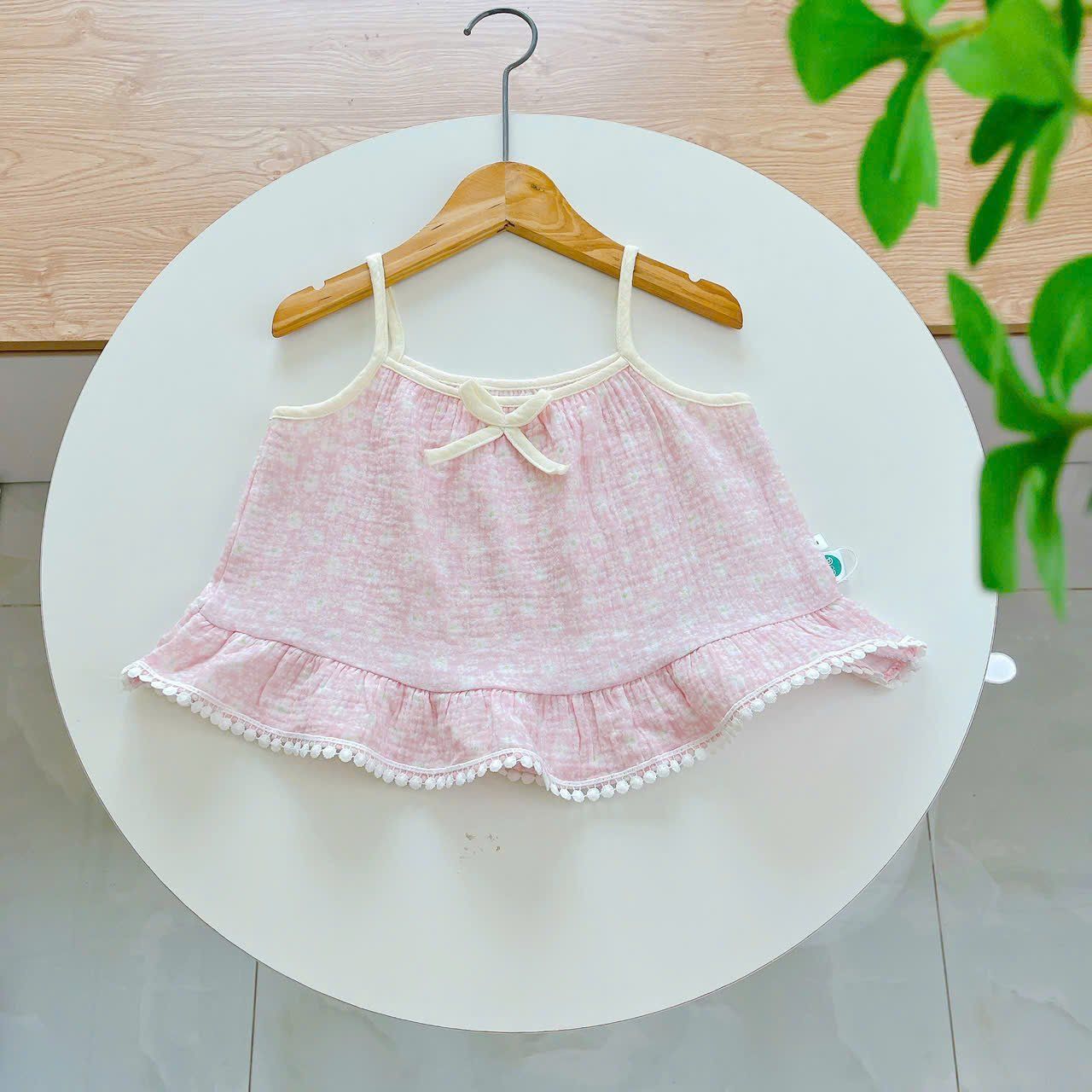  Bộ hai dây bé gái xô muslin Áo Lá Homewear A152, bộ đồ bé gái hè quần đùi xô đũi babydoll viền ren vintage 