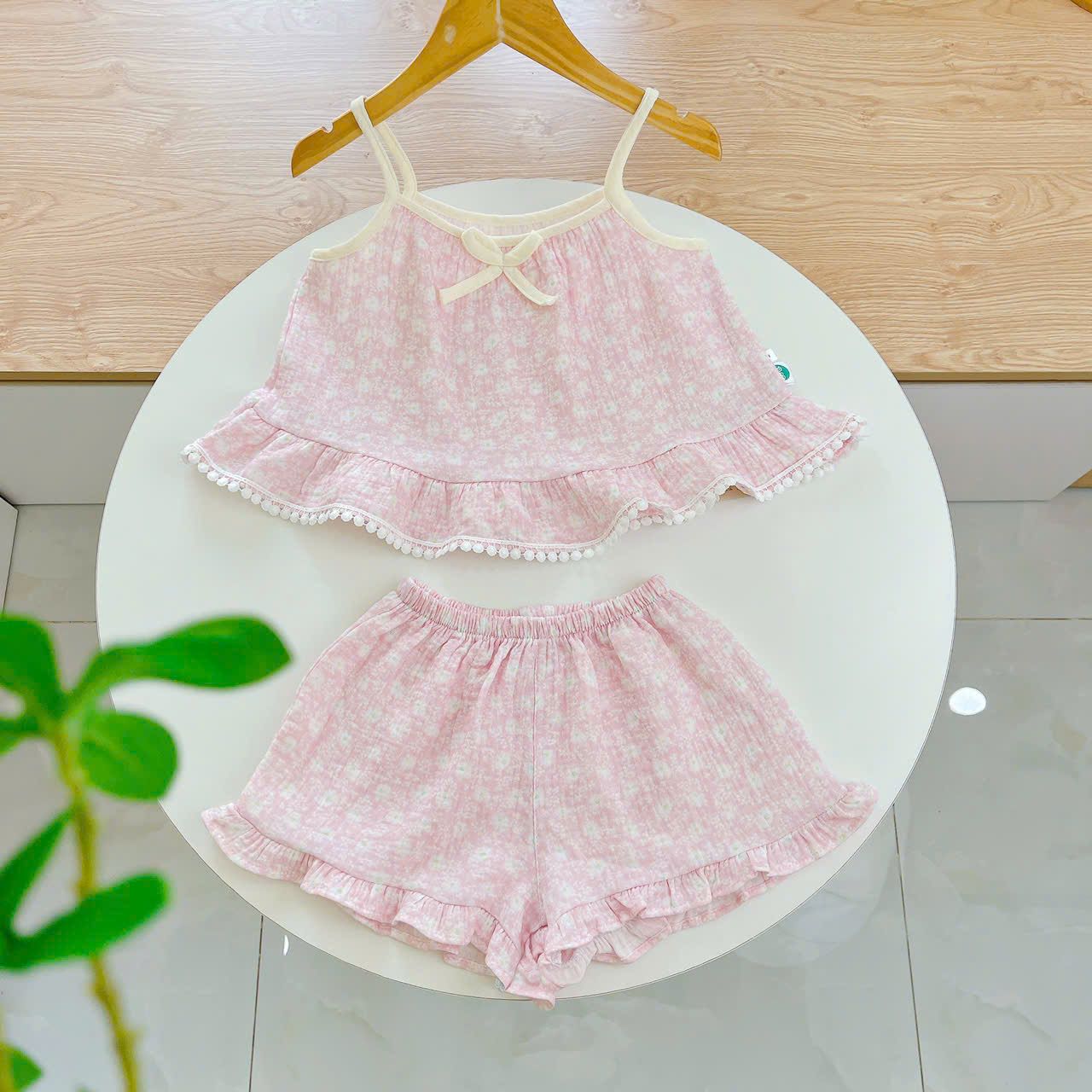  Bộ hai dây bé gái xô muslin Áo Lá Homewear A152, bộ đồ bé gái hè quần đùi xô đũi babydoll viền ren vintage 