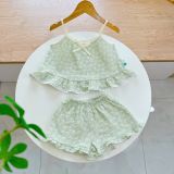  Bộ hai dây bé gái xô muslin Áo Lá Homewear A152, bộ đồ bé gái hè quần đùi xô đũi babydoll viền ren vintage 