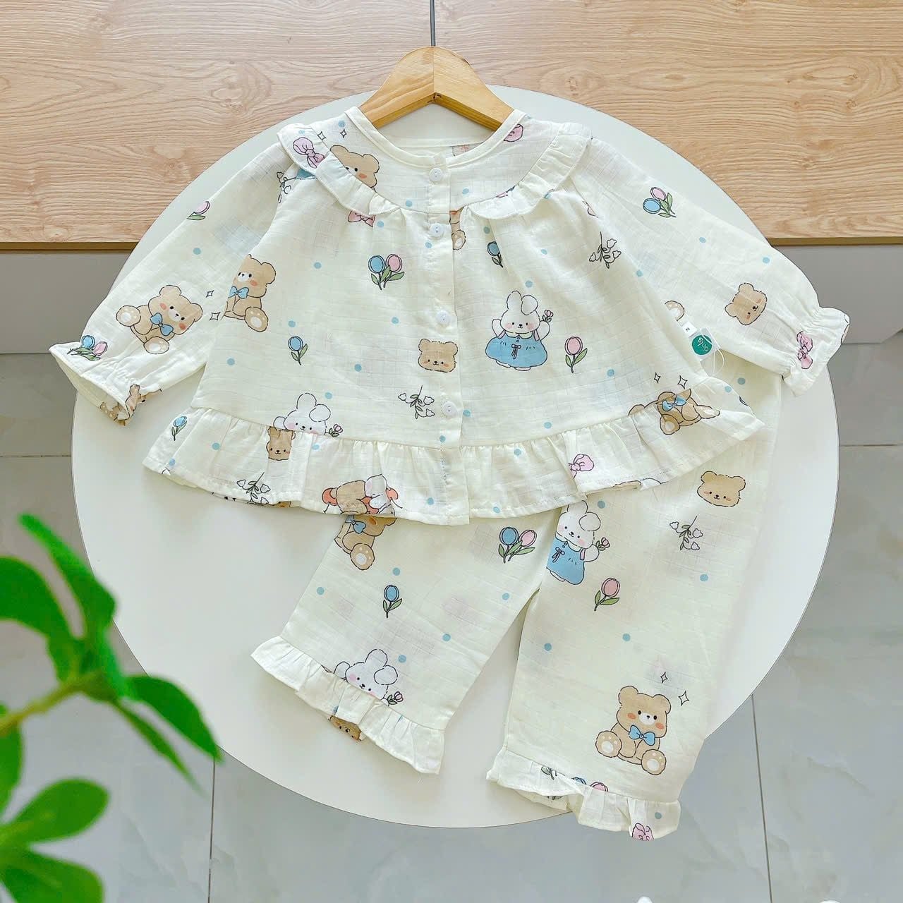  Pijama cho bé gái dài tay mặc ngủ điều hòa babydoll Áo Lá Homewear A050, đồ ngủ trẻ em vải xô đũi cotton 