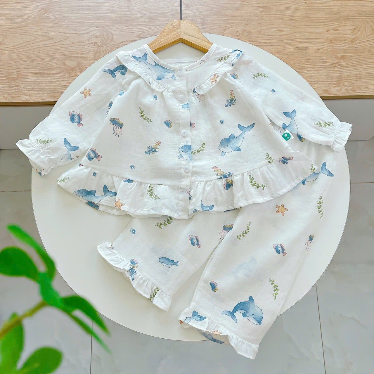  Pijama cho bé gái dài tay mặc ngủ điều hòa babydoll Áo Lá Homewear A050, đồ ngủ trẻ em vải xô đũi cotton 