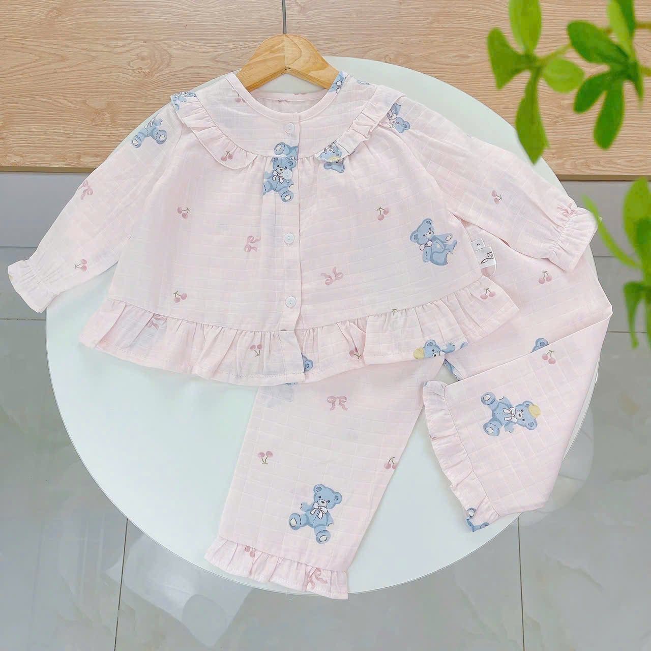  Pijama cho bé gái dài tay mặc ngủ điều hòa babydoll Áo Lá Homewear A050, đồ ngủ trẻ em vải xô đũi cotton 
