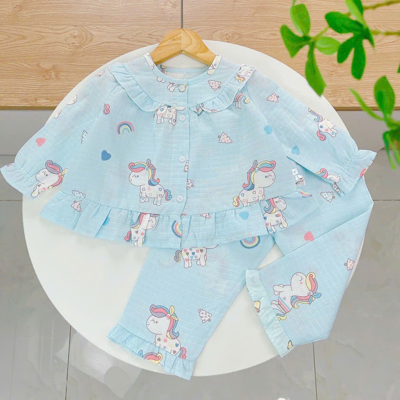  Pijama cho bé gái dài tay mặc ngủ điều hòa babydoll Áo Lá Homewear A050, đồ ngủ trẻ em vải xô đũi cotton 