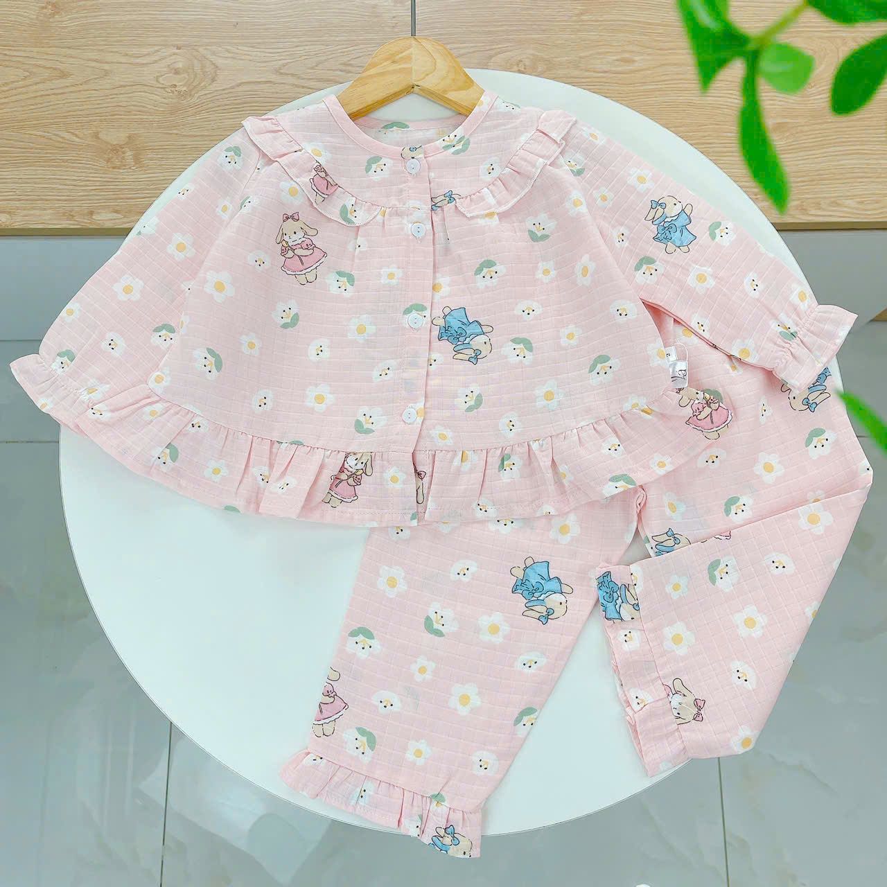  Pijama cho bé gái dài tay mặc ngủ điều hòa babydoll Áo Lá Homewear A050, đồ ngủ trẻ em vải xô đũi cotton 
