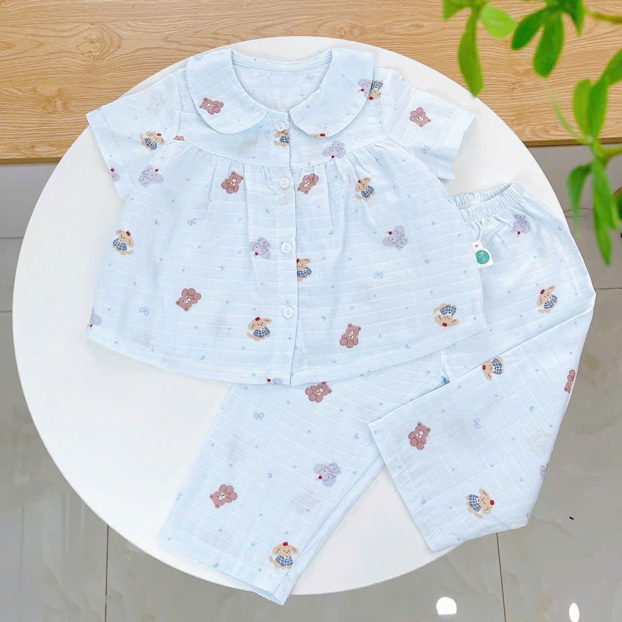  Pijama cho bé gái tay ngắn quần dài vải xô cotton Áo Lá Homewear A103, đồ bộ xô bé gái babydoll họa tiết dễ thương 