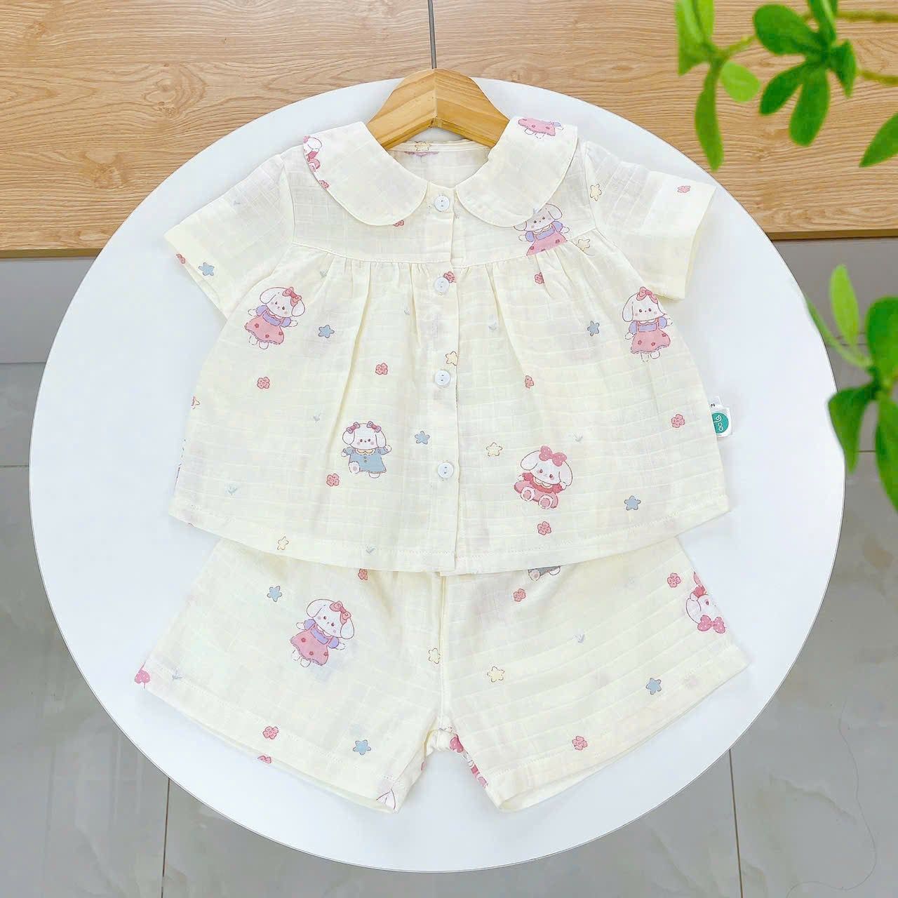  Bộ hè bé gái áo babydoll cánh tiên vải xô hai lớp mềm mát họa tiết thỏ mèo Áo Lá Homewear A049 