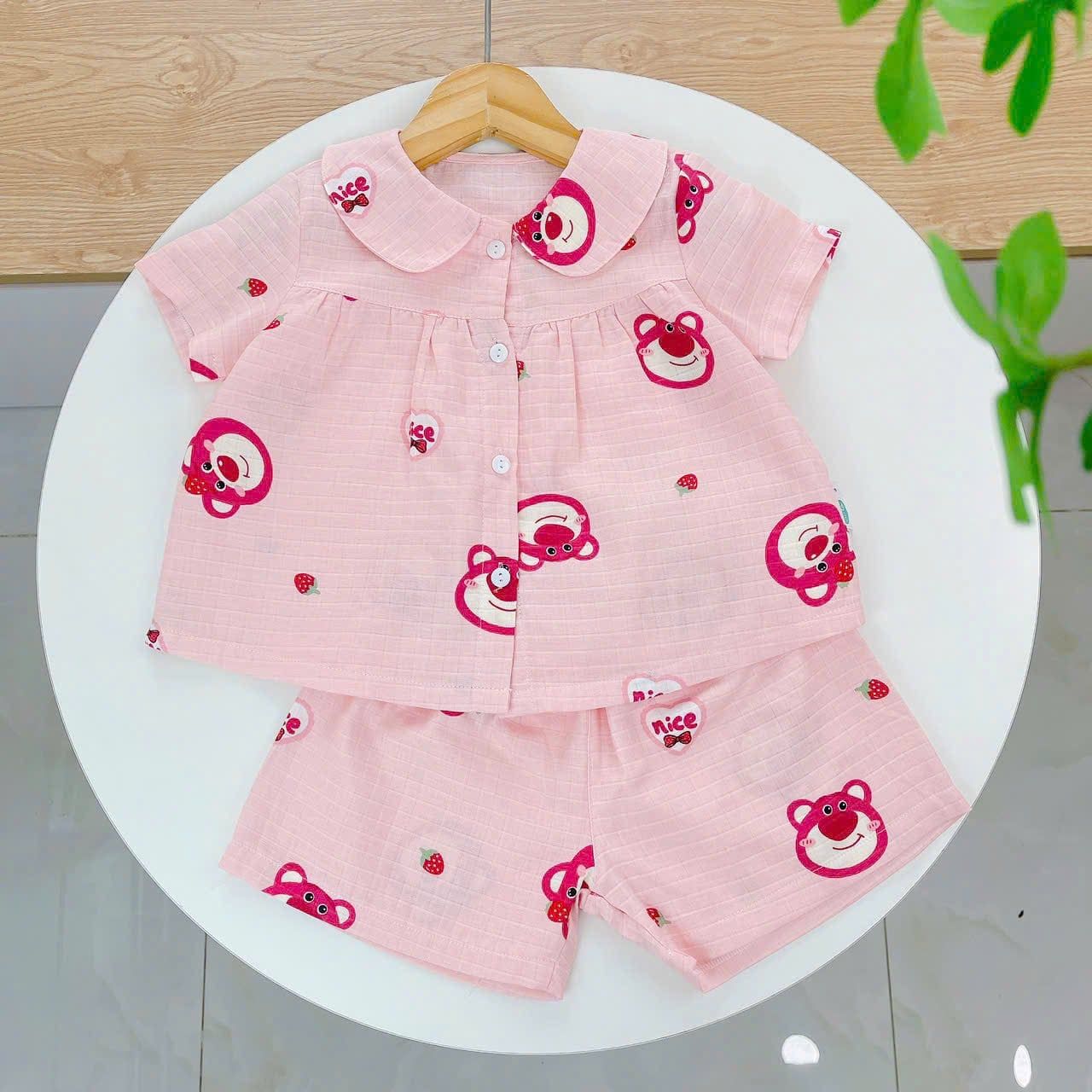  Bộ hè bé gái áo babydoll cánh tiên vải xô hai lớp mềm mát họa tiết thỏ mèo Áo Lá Homewear A049 