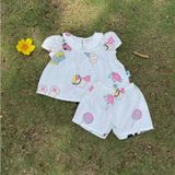  Bộ hè bé gái áo babydoll cánh tiên vải xô hai lớp mềm mát họa tiết thỏ mèo Áo Lá Homewear A049 