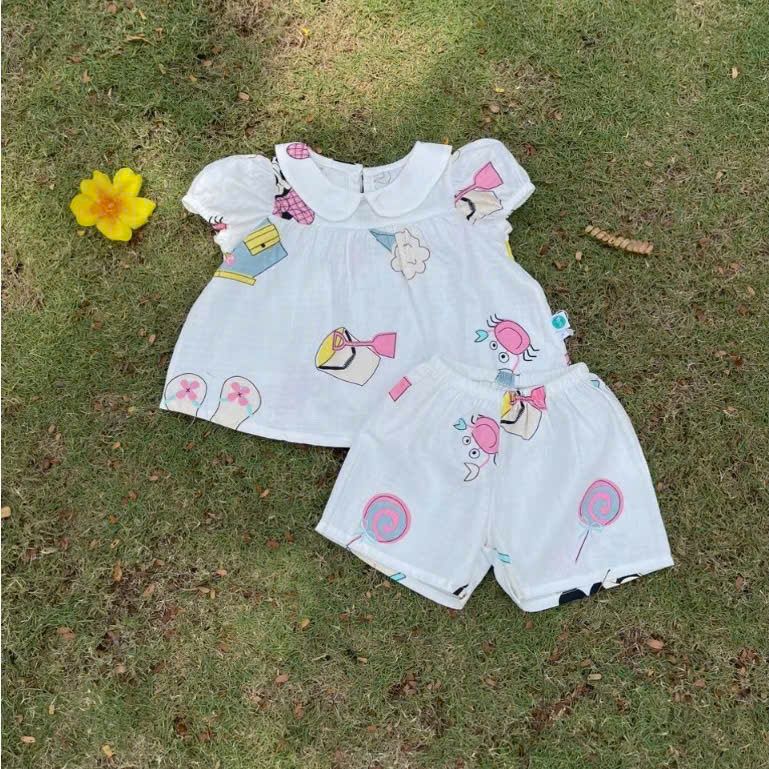  Bộ hè bé gái áo babydoll cánh tiên vải xô hai lớp mềm mát họa tiết thỏ mèo Áo Lá Homewear A049 