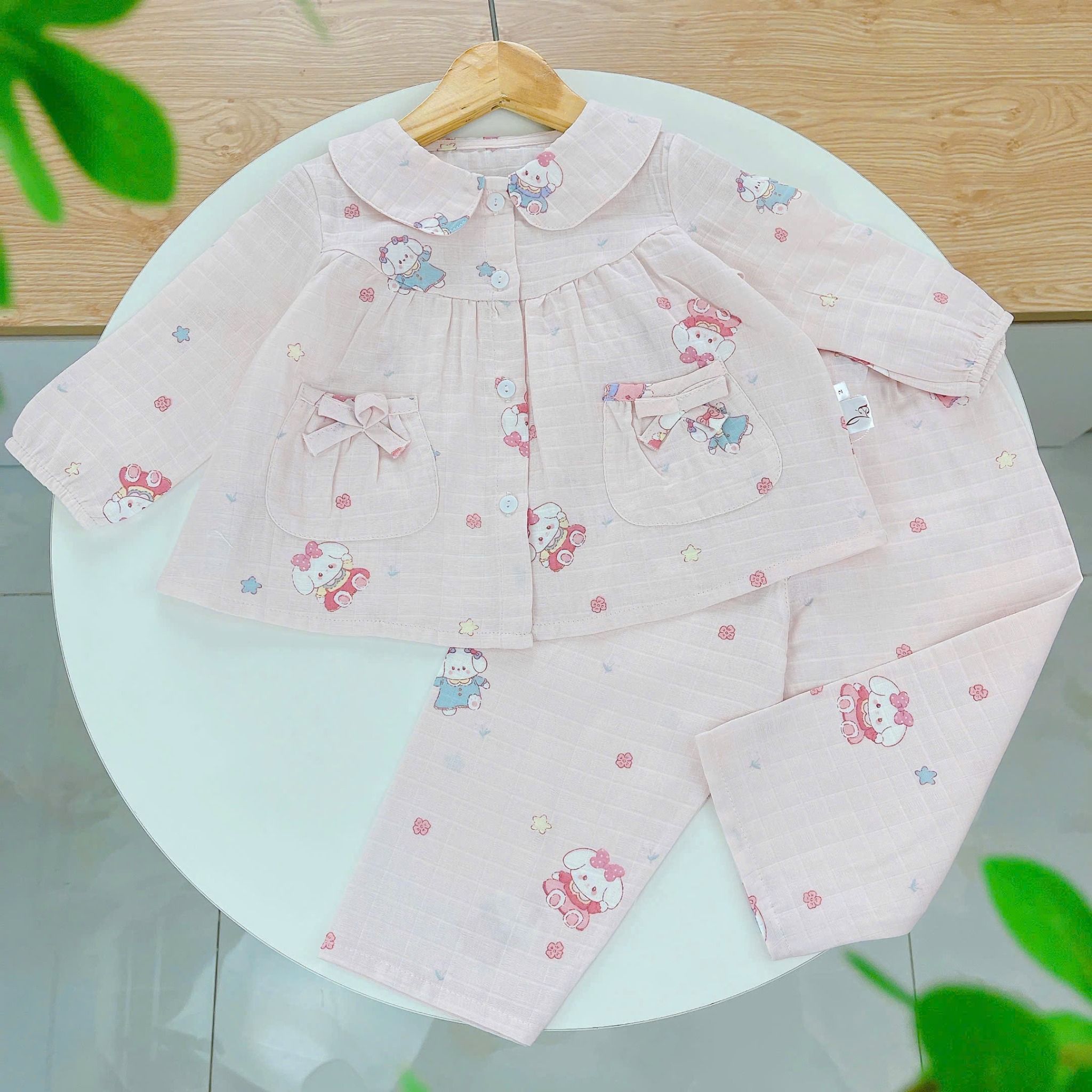  Pijama cho bé gái dài tay xô cotton Áo Lá Homewear A166, bộ dài tay bé gái babydoll mặc ngủ vải xô đũi mát bốn mùa 