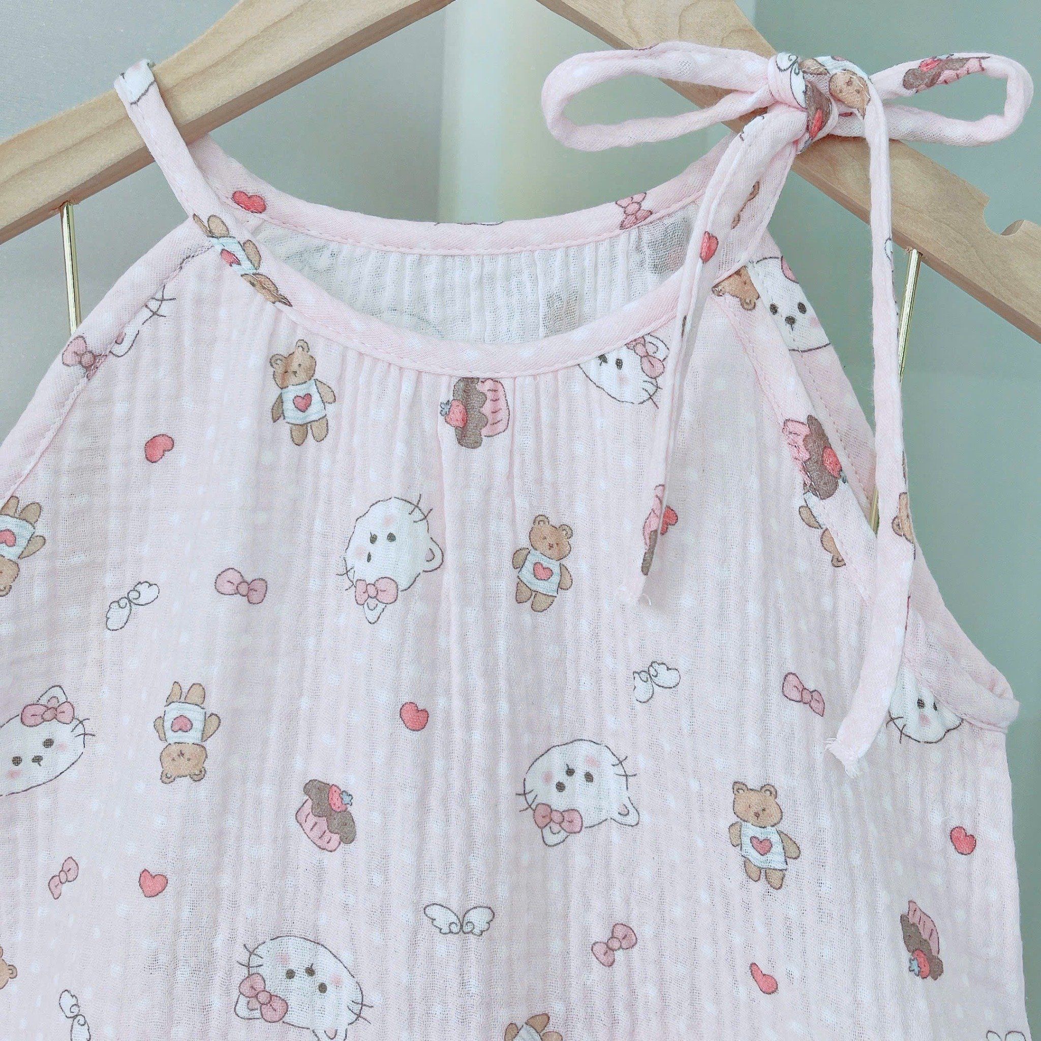  Bộ hai dây bé gái mặc hè xô muslin Lá Homewear A243, bộ yếm quần bí bé gái babydoll dễ thương kuromi thỏ gấu 