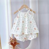 Bộ hai dây bé gái mặc hè xô muslin Lá Homewear A243, bộ yếm quần bí bé gái babydoll dễ thương kuromi thỏ gấu 