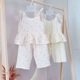  Bộ hai dây bé gái quần lửng xô muslin Lá Homewear A279, bộ đồ hè bé gái mát nhẹ dễ thương áo dây xòe quần suông 