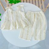  Bộ hai dây bé gái quần lửng xô muslin Lá Homewear A279, bộ đồ hè bé gái mát nhẹ dễ thương áo dây xòe quần suông 