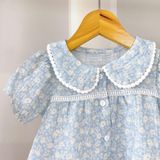  Pijama bé gái cộc tay quần lửng xô muslin Áo Lá Homewear A040, đồ ngủ bé gái xô đũi babydoll caro xinh xắn 