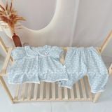  Pijama bé gái cộc tay quần lửng xô muslin Áo Lá Homewear A040, đồ ngủ bé gái xô đũi babydoll caro xinh xắn 