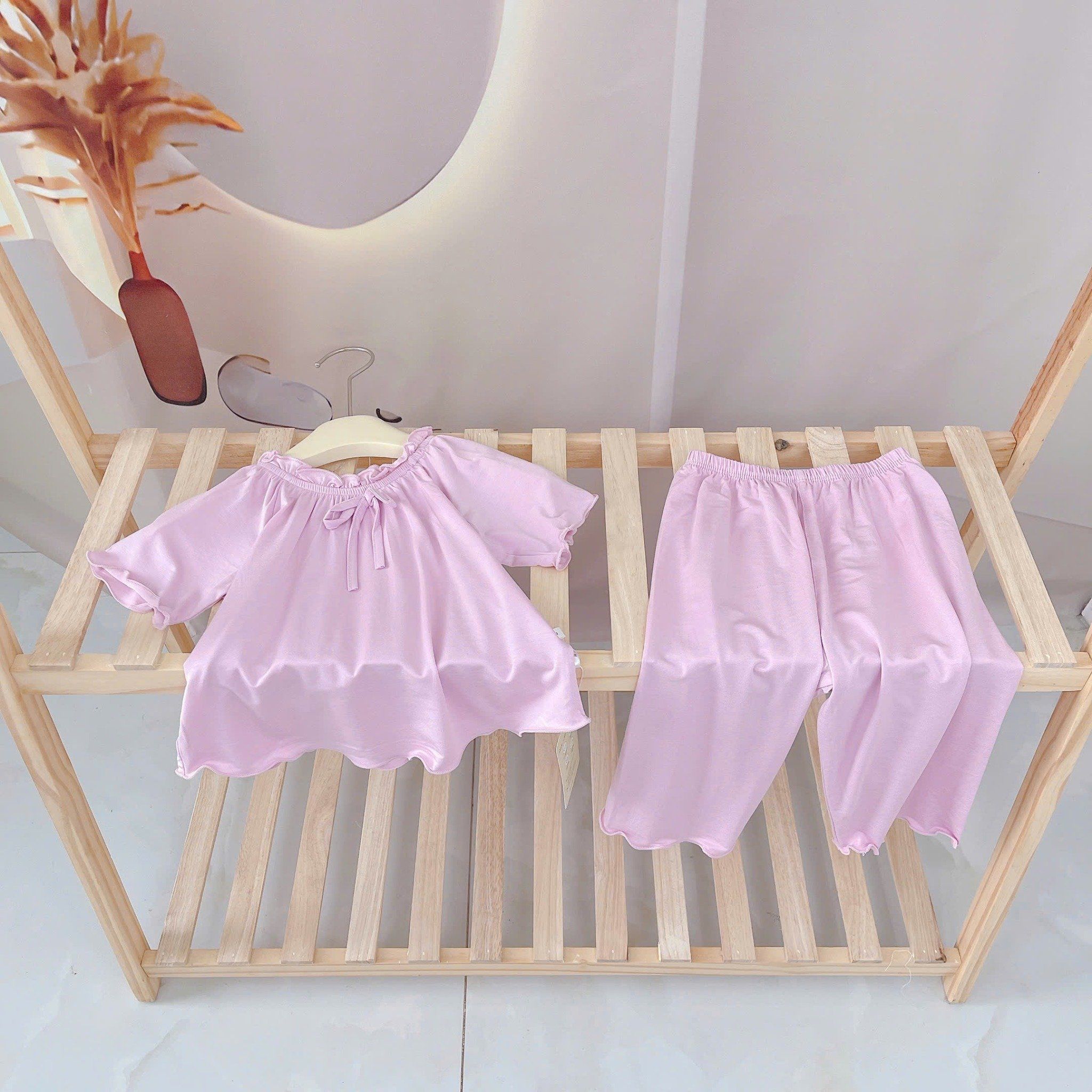  Bộ tay ngắn quần dài bé gái 95% sợi sồi Modal Ice Cool Áo Lá Homewear A258 mềm mướt mát lạnh babydoll dễ thương 