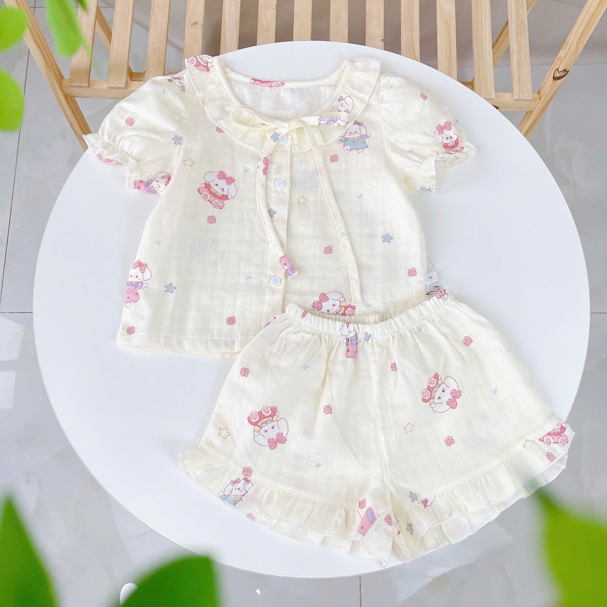 Bộ hè bé gái xô cotton Lá Homewear A262 mát nhẹ, bộ cộc cho bé cột nơ dễ thương unicorn kỳ lân thỏ 