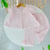  Pijama bé gái cộc tay quần lửng xô muslin Áo Lá Homewear A040, đồ ngủ bé gái xô đũi babydoll caro xinh xắn 