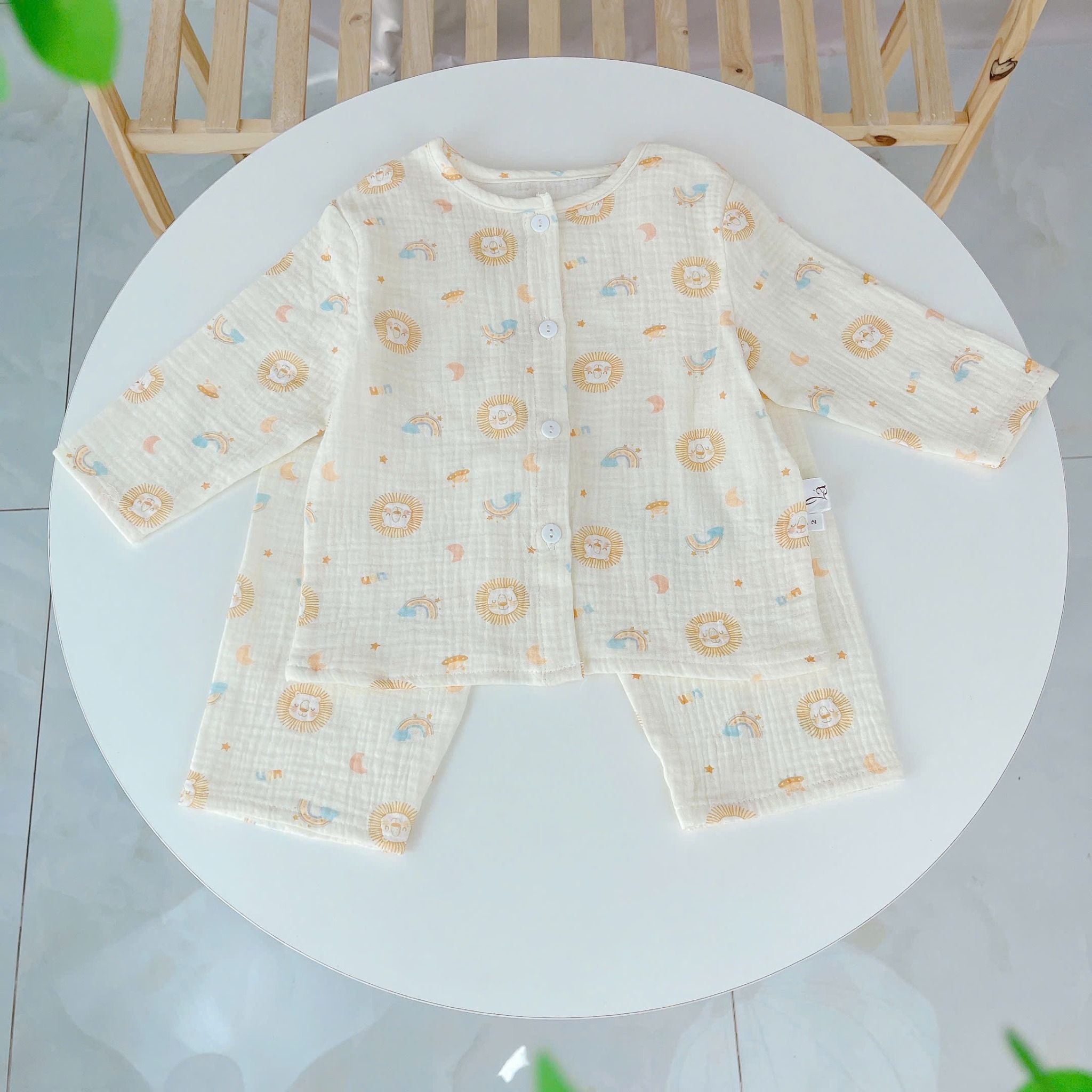  Pijama bé trai bé gái tay dài xô muslin Áo Lá Homewear A109, đồ ngủ bé trai xô đũi cổ tròn caro hình thú 