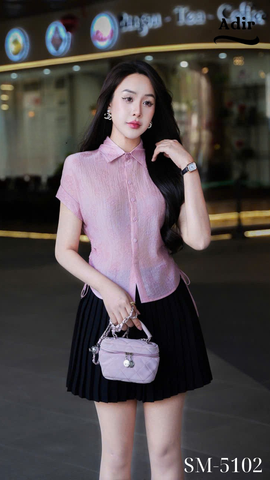 Áo sơmi tơ tay ngắn nhún eo