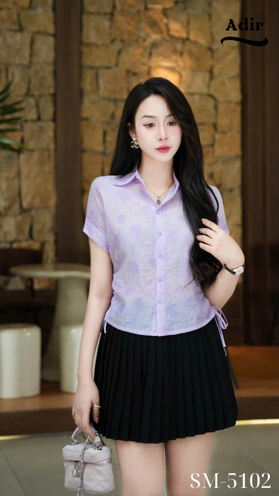 Áo sơmi tơ tay ngắn nhún eo