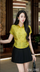 Áo sơmi tơ tay ngắn nhún eo