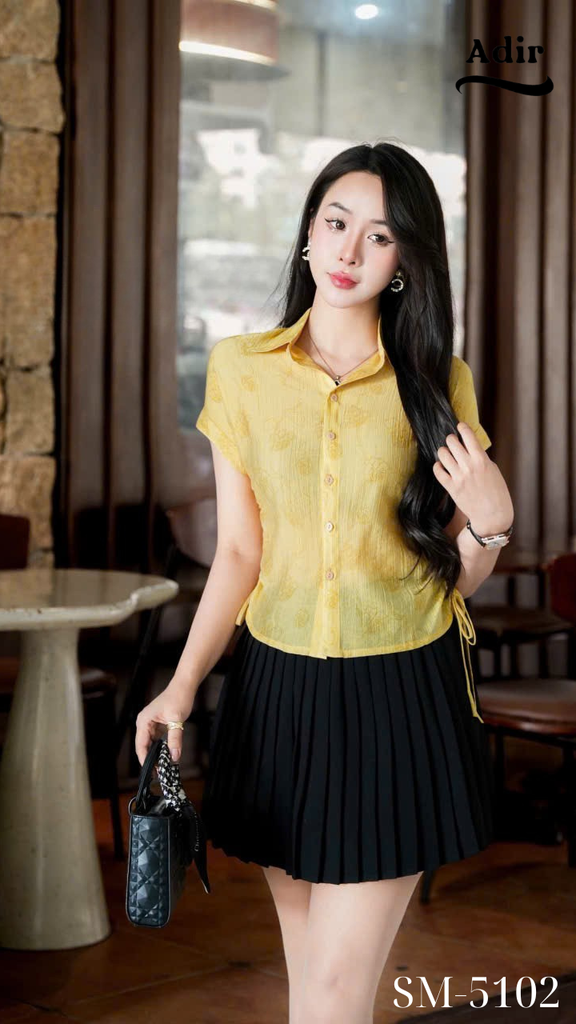 Áo sơmi tơ tay ngắn nhún eo