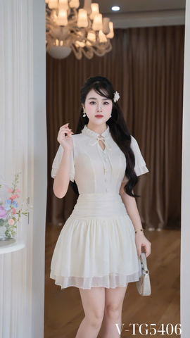 Váy tơ nhún eo cổ viền ngọc