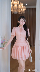 Váy tơ nhún eo cổ viền ngọc