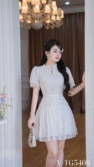 Váy tơ nhún eo cổ viền ngọc