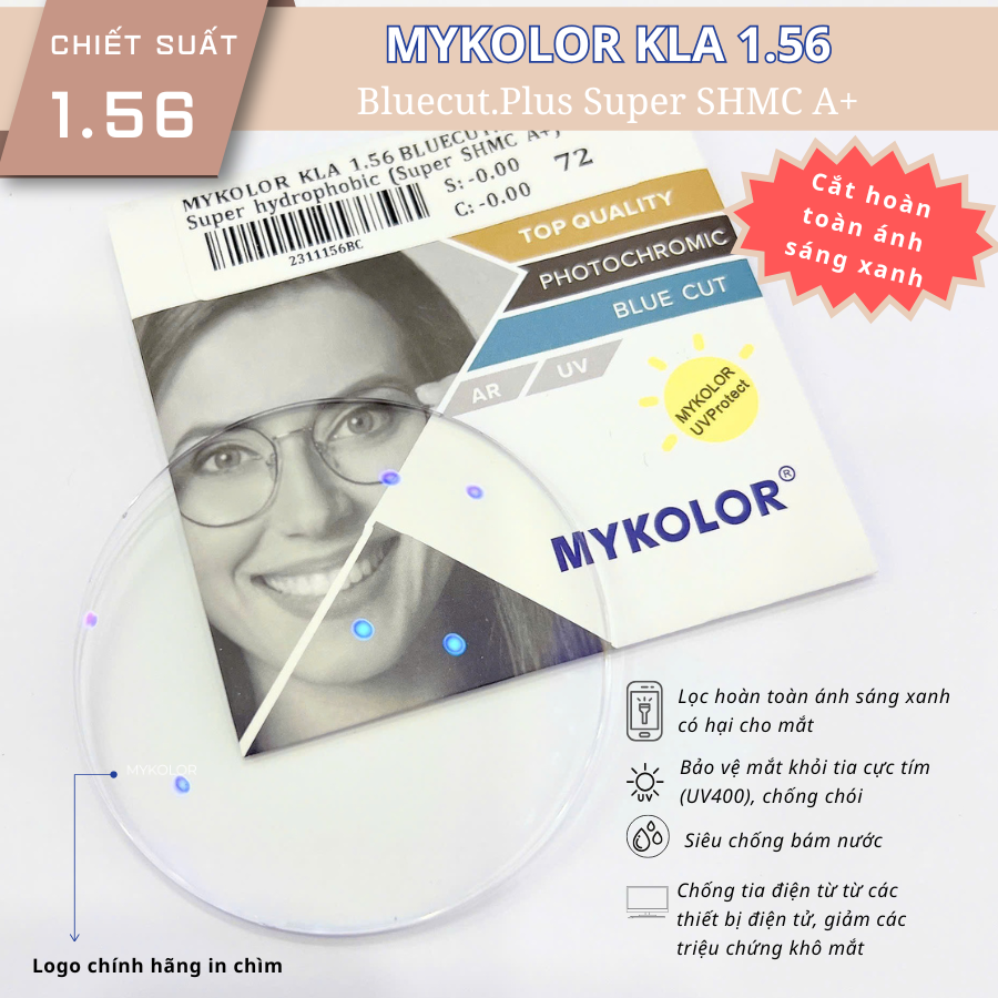  Mykolor KLA_1.56 Bluecut.Plus - Tròng kính, mắt kính cận viễn loạn chính hãng 