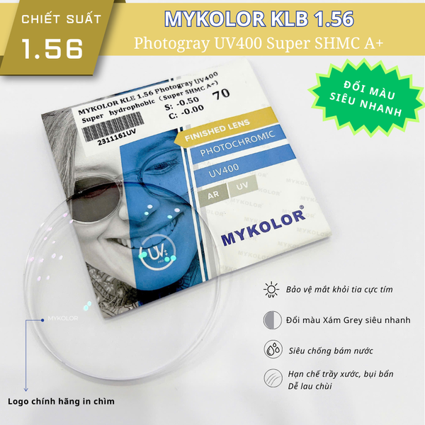  Mykolor KLB 1.56 Photogray.UV400 - Tròng kính đổi màu, mắt kính cận viễn loạn chính hãng 