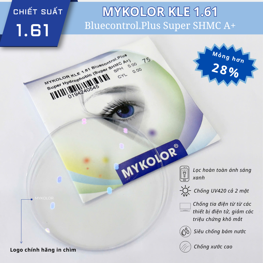  Mykolor KLE 1.61 Bluecontrol.Plus - Tròng kính, mắt kính cận viễn loạn chính hãng 