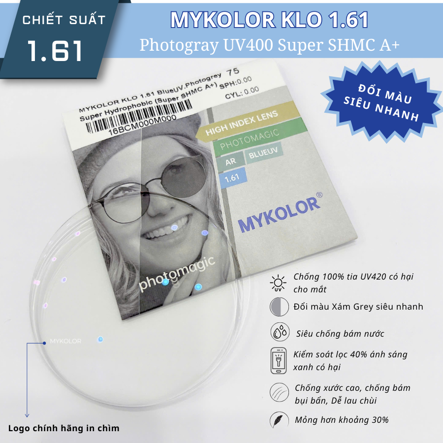 Mykolor KLO 1.61 BlueUV.Photogray - Tròng kính đổi màu, mắt kính cận loạn chính hãng 