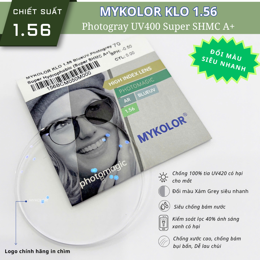  Mykolor KLO 1.56 BlueUV.Photogray - Tròng kính đổi màu, mắt kính cận loạn chính hãng 