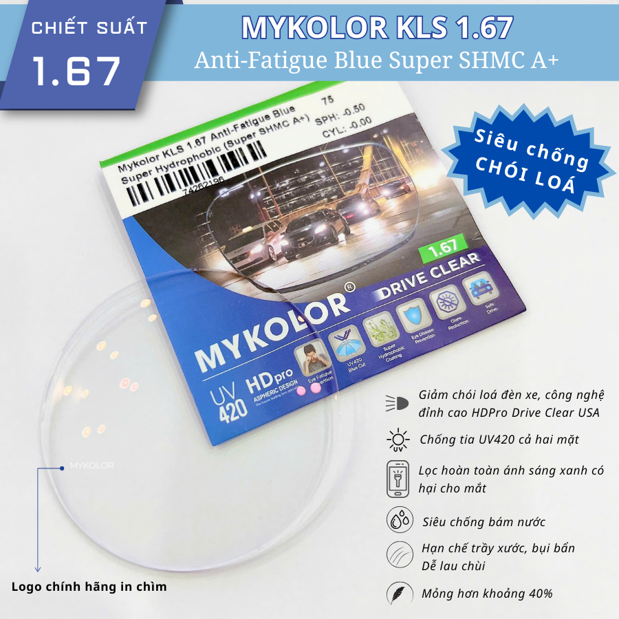  Mykolor KLS 1.67 Anti-Fatigue Blue - Tròng kính, mắt kính cận viễn loạn chính hãng 