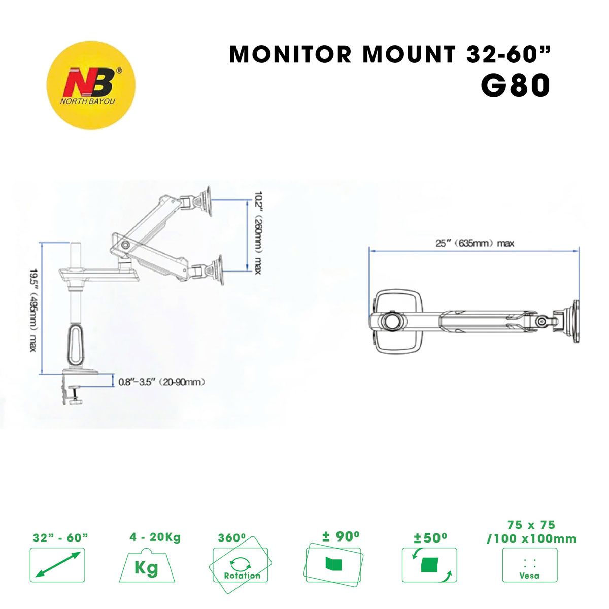  Giá Treo Màn Hình North Bayou G80 Màu Đen Xám , Led RGB (32-60 inch) 