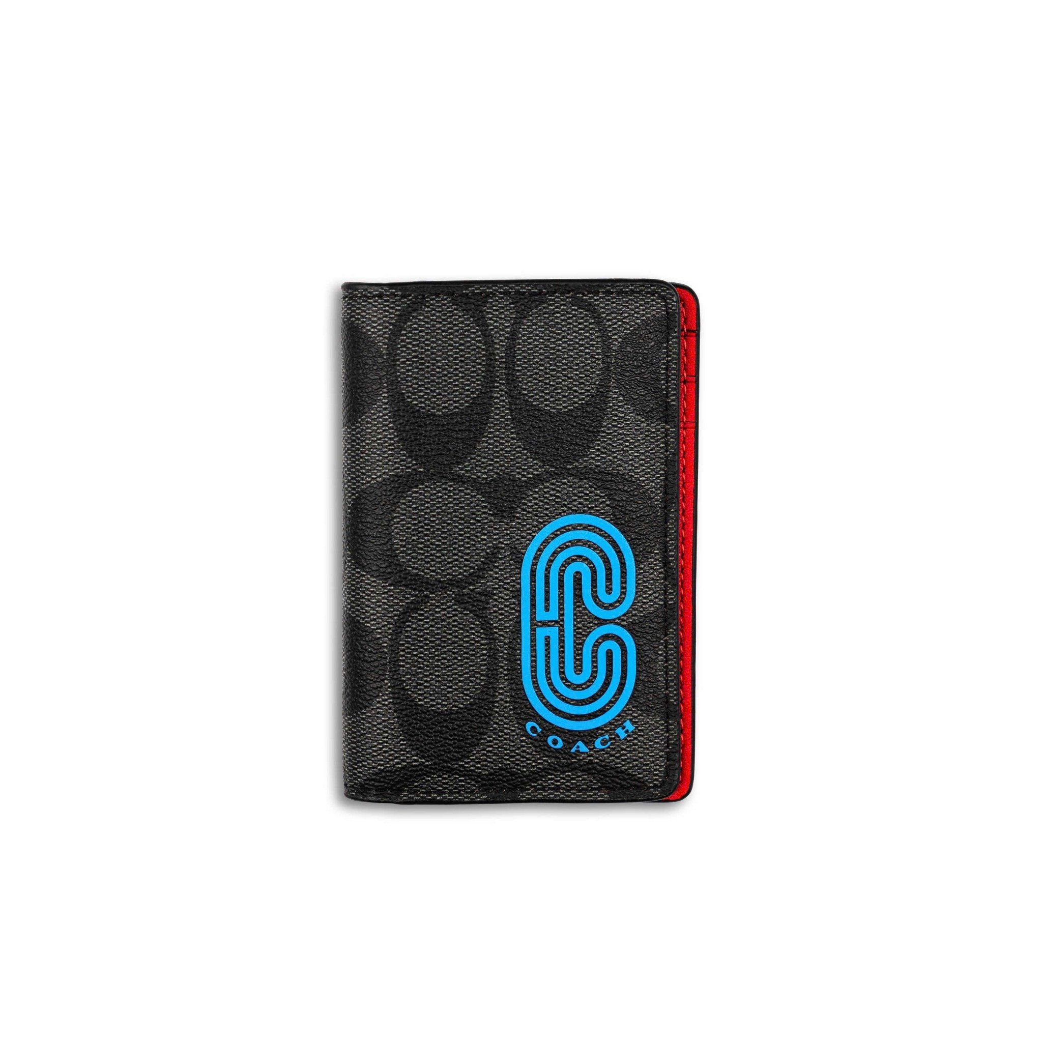  VÍ CARD COACH SLIM WALLET IN SIGNATURE CANVAS HỌA TIẾT CHỮ C XANH LÒNG ĐỎ 