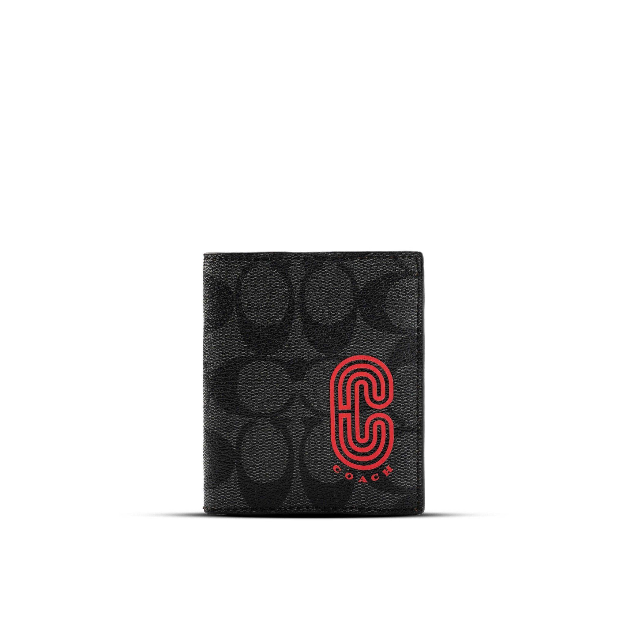  VÍ CARD HOLDER COACH SLIM WALLET IN SIGNATURE CANVAS MÀU ĐEN HỌA TIẾT CHỮ C ĐỎ 