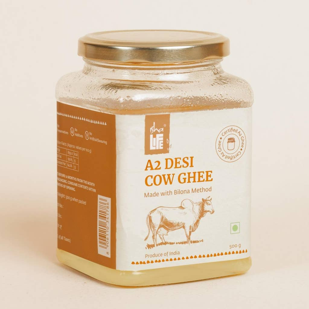  Được làm từ sữa bò Desi chăn thả tự do ăn cỏ. Được chiết xuất bằng phương pháp không khai thác. Bilona ghee 