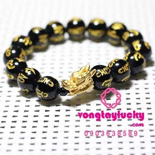Vòng tay đá đen 12 li phối đầu rồng bạc Thái