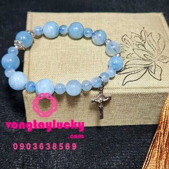 Chuỗi mân côi đá Aquamarine 11li thánh giá treo inox