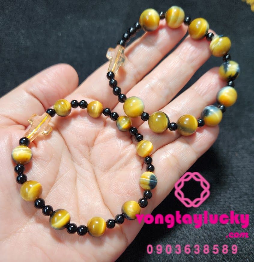 Vòng tay đá mắt hổ 3 màu Phước Lộc thọ vàng loại đẹp, đá thiên nhiên chất lượng cao 10li: