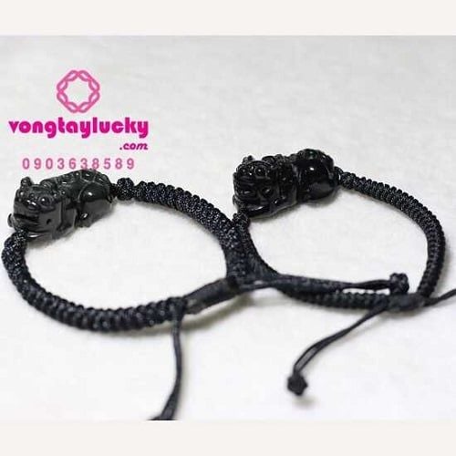vòng tay tỳ hưu, tỳ hưu đá núi lửa obsidian, vòng tay câp đôi, vòng tay handmade, chỉ tết thủ công, vòng tay phong thủy