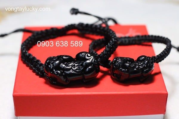Vòng tay tỳ hưu cặp đôi thạch Anh đen thắt dây may mắn trừ tà thu hút tài lộc tỳ hưu 2 size 1.7x2.7cm và 1.5x2.5cm