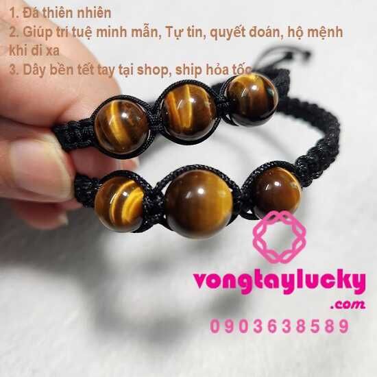Vòng tay đá mắt hổ vàng nâu đẹp 3 hạt 10li hợp mệnh Thổ mệnh Kim dây rút cặp đôi