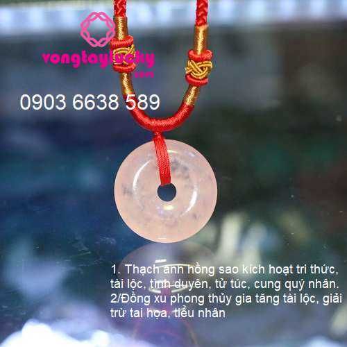 dây cổ thạch anh hồng, thạch anh hồng đeo cổ, đồng điếu thạch anh hồng, đồng xu thạch anh hồng